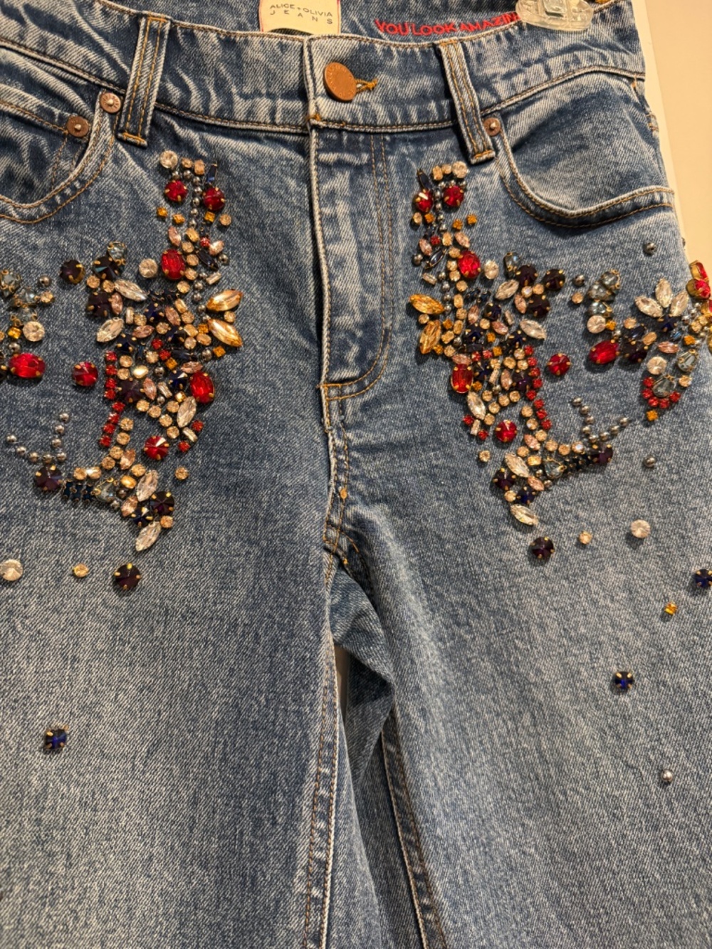 Alice + Olivia Amazing Crystal Embellished Detail Baggy Wide Leg Jeans size 26 - Picture 4 of 10